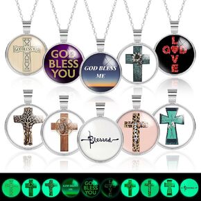 TXIN 10 Styles Glow in the Dark Christian Cross Glass Cabochons with Pendant Trays and Chains, Luminous Inspirational Bible Prayer Jewelry Charms, Holy Faith Motivational Religious Gifts for Women Men in Saudi Arabia