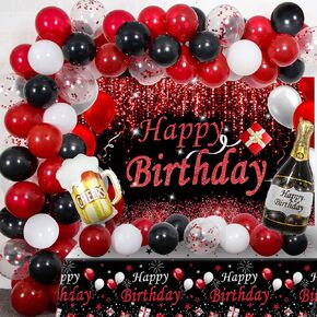 Red and Black Party Decorations, Happy Birthday Decorations for Men Women with Photography Backdrop & Tablecloth Balloons Arch Kit Banner Birthday Party Supplies Bday Decor with Table Cover