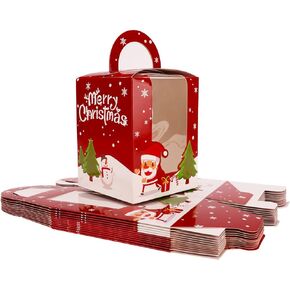 frantis 12 حزمة علب هدايا عيد الميلاد، 3.7 × 3.7 × 4.7 بوصة صناديق علاج حلوى الخبز، صناديق ورقية محمولة مع نافذة إدراج مقبض للكب كيك، المعجنات، ملفات تعريف الارتباط، الكعك، هدية براونيز (أحمر رائع) in Kuwait