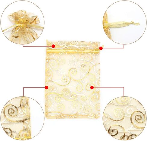 أكياس هدايا Staruby الأورجانزا 100 قطعة من حقيبة الأورجانزا الذهبية الشفافة مقاس 5 × 7 بوصة حقائب هدايا شبكية برباط مجوهرات من الروطان مطبوعة لحفلات الزفاف وحفلات استقبال المولود الجديد وهدايا عيد الميلاد وأكياس الحلوى in Kuwait