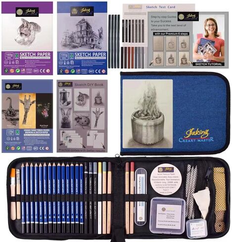 Jaking Creart Master 64 PC Drawing Set,Sketch Kit,Pro Art Supplies|Quality Graphite,Charcoal,Pastel Pencil/Stick,Highlight Pencil,4 Willow Stick|5 Type-65 Sheets+6 DIY Sketch Paper,Tutorial|RPET Case in Kuwait