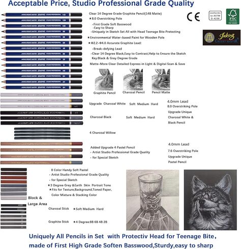 Jaking Creart Master 64 PC Drawing Set,Sketch Kit,Pro Art Supplies|Quality Graphite,Charcoal,Pastel Pencil/Stick,Highlight Pencil,4 Willow Stick|5 Type-65 Sheets+6 DIY Sketch Paper,Tutorial|RPET Case in Kuwait