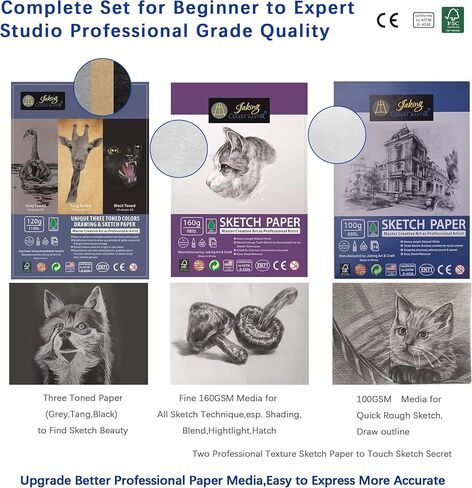 Jaking Creart Master 64 PC Drawing Set,Sketch Kit,Pro Art Supplies|Quality Graphite,Charcoal,Pastel Pencil/Stick,Highlight Pencil,4 Willow Stick|5 Type-65 Sheets+6 DIY Sketch Paper,Tutorial|RPET Case in Kuwait