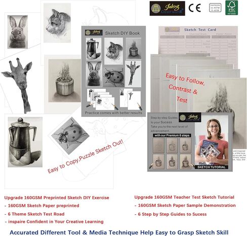 Jaking Creart Master 64 PC Drawing Set,Sketch Kit,Pro Art Supplies|Quality Graphite,Charcoal,Pastel Pencil/Stick,Highlight Pencil,4 Willow Stick|5 Type-65 Sheets+6 DIY Sketch Paper,Tutorial|RPET Case in Kuwait