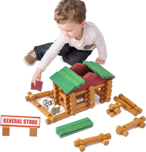 Joqutoys 90 Pcs Wood Building Blocks Toy for Toddlers, Classic Wooden Cabin Log Set Preschool Education Toy, Creative Construction Engineering Educational Toys for 3 4 5 6 Years Boys in Saudi Arabia