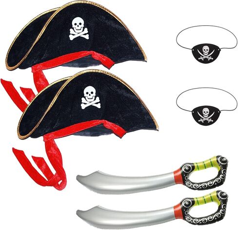 6 قطع من إكسسوارات زي القرصان الكاريبي: قبعة قبطان مطبوعة جمجمة عدد 2 رقعة للعين، سيف قرصان قابل للنفخ للأطفال البالغين، فستان هالوين قرصان فاخر للحفلات التنكرية WUEURU in Kuwait
