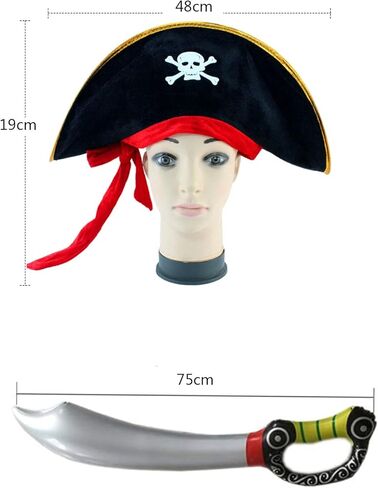 6 قطع من إكسسوارات زي القرصان الكاريبي: قبعة قبطان مطبوعة جمجمة عدد 2 رقعة للعين، سيف قرصان قابل للنفخ للأطفال البالغين، فستان هالوين قرصان فاخر للحفلات التنكرية WUEURU in Kuwait