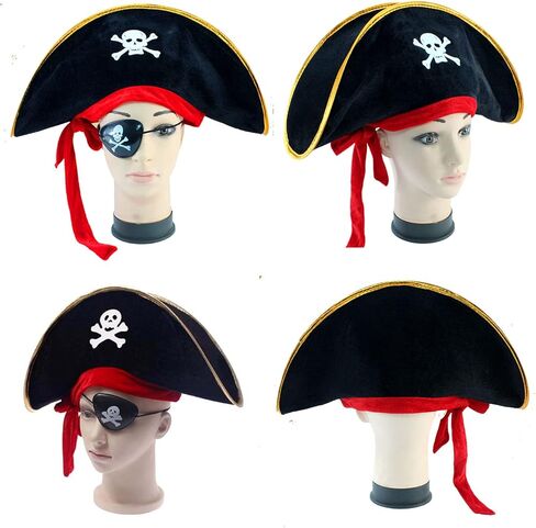 6 قطع من إكسسوارات زي القرصان الكاريبي: قبعة قبطان مطبوعة جمجمة عدد 2 رقعة للعين، سيف قرصان قابل للنفخ للأطفال البالغين، فستان هالوين قرصان فاخر للحفلات التنكرية WUEURU in Kuwait