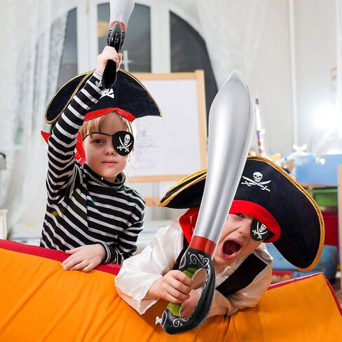 6 قطع من إكسسوارات زي القرصان الكاريبي: قبعة قبطان مطبوعة جمجمة عدد 2 رقعة للعين، سيف قرصان قابل للنفخ للأطفال البالغين، فستان هالوين قرصان فاخر للحفلات التنكرية WUEURU in Kuwait