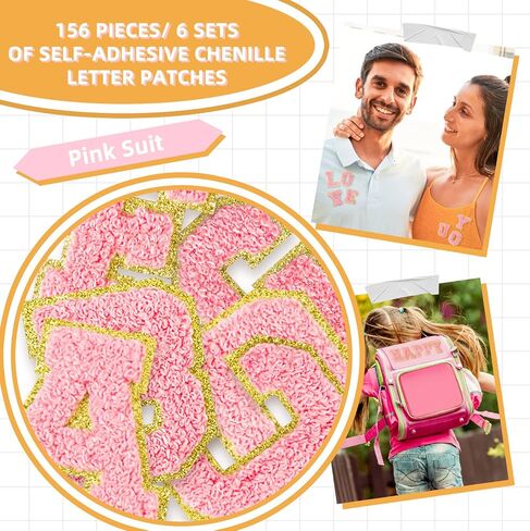 156 Pieces Chenille Letter Patches Self Adhesive Letter Patches 6 Set A-Z Stony Clover Patches Preppy Patches Varsity Chenille Letters for DIY Phone Bags Backpacks Hats (Pink) in Kuwait