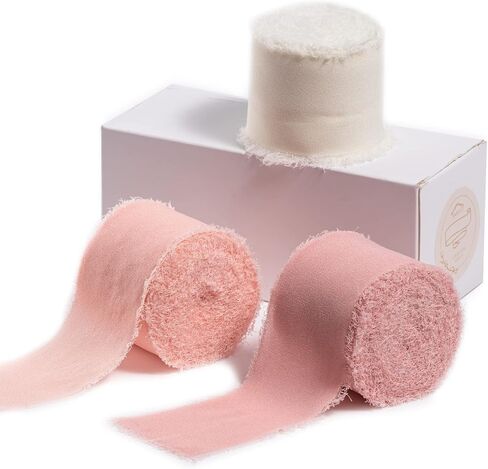 Beige Ribbon Chiffon Ribbon for Gift Wrapping, FAKILO Fringe Ribbon 3 Rolls 1.5'' x 7 Yd Vintage Ribbon Set for Wedding Invitations, Birthday/Holiday Party Decorations, Bridal Bouquets in Kuwait