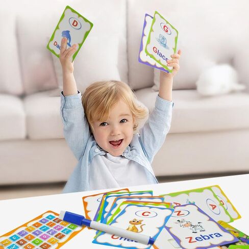 Erasable English Alphabet flashcards. - Write and Wipe Laminated ABCD Letter Tracing Practice Card for Kindergarten (26 Flashcards with Marker) (English Version) in Kuwait