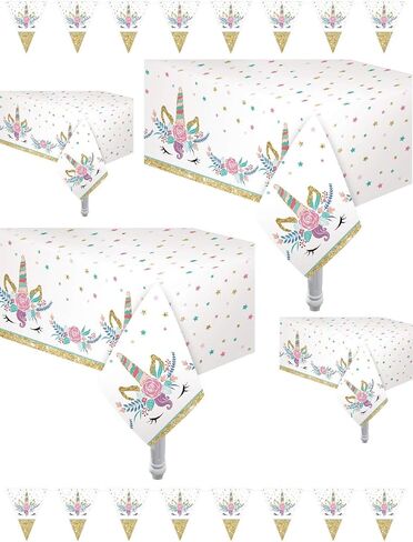 Oojami 4 Pack Unicorn Tablecloth Ideal for Unicorn Theme Birthday Party, Baby Shower Size: 54" x 108" Ideal for Girls Unicorn Glitter Theme Decoration Party | Includes Two Pennant Banners in Saudi Arabia