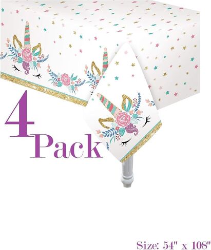 Oojami 4 Pack Unicorn Tablecloth Ideal for Unicorn Theme Birthday Party, Baby Shower Size: 54" x 108" Ideal for Girls Unicorn Glitter Theme Decoration Party | Includes Two Pennant Banners in Saudi Arabia