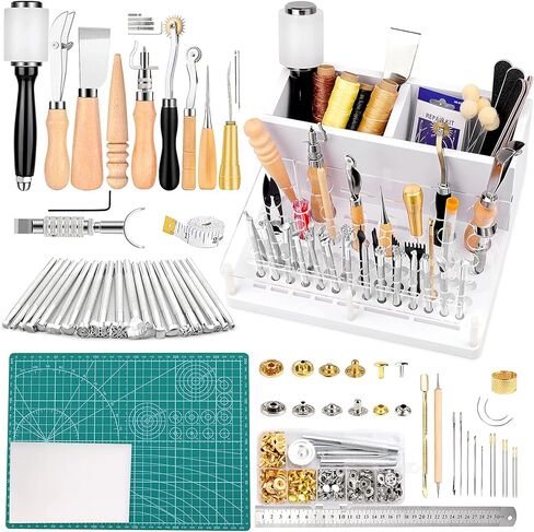 مجموعة ادوات العمل الجلدية تتضمن حامل ادوات جلدية، مجموعة مسامير وازرار كبس جلدية، ادوات ختم الجلد، مجموعة ادوات صناعة الجلد للمبتدئين والمحترفين in Kuwait