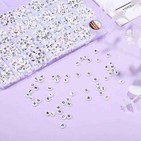 VILLCASE الخرز رسالة مستديرة، الخرز الأبجدية الاكريليك الأبيض A-Z نمط القلب الخرز مع سلك سلسلة كريستال لصنع المجوهرات اسم الأساور القلائد الحرف اليدوية in Kuwait