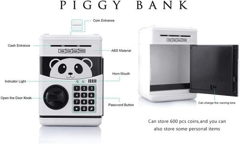 حصالة نقود بتصميم كرتوني على شكل خنزير وكلمة مرور، خزنة الكترونية لحفظ النقود والاقفال والاقفال بصوت الباندا الذكي (ابيض) in Kuwait