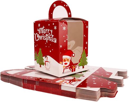 frantis 12 حزمة علب هدايا عيد الميلاد، 3.7 × 3.7 × 4.7 بوصة صناديق علاج حلوى الخبز، صناديق ورقية محمولة مع نافذة إدراج مقبض للكب كيك، المعجنات، ملفات تعريف الارتباط، الكعك، هدية براونيز (أحمر رائع) in Kuwait