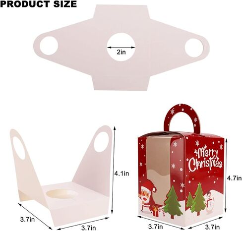 frantis 12 حزمة علب هدايا عيد الميلاد، 3.7 × 3.7 × 4.7 بوصة صناديق علاج حلوى الخبز، صناديق ورقية محمولة مع نافذة إدراج مقبض للكب كيك، المعجنات، ملفات تعريف الارتباط، الكعك، هدية براونيز (أحمر رائع) in Kuwait