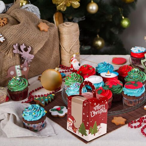 frantis 12 حزمة علب هدايا عيد الميلاد، 3.7 × 3.7 × 4.7 بوصة صناديق علاج حلوى الخبز، صناديق ورقية محمولة مع نافذة إدراج مقبض للكب كيك، المعجنات، ملفات تعريف الارتباط، الكعك، هدية براونيز (أحمر رائع) in Kuwait