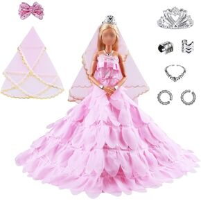 ملابس الدمية Keysse فساتين زفاف كبيرة مع 5 إكسسوارات، تاج + حجاب + مشابك شعر على شكل فيونكة + قلادة وسوار، ملابس حفلات الأميرة المسائية لدمية مقاس 11.5 سم in Kuwait