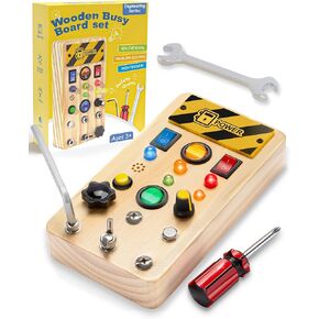 Pussan Busy Board, Wooden Montessori Toys for 3 Year Old Boy Birthday Gifts, Sensory Fidget Toy with Lights and Tools, Toddlers Toys for 3+ Year Old Boys Girls in Kuwait