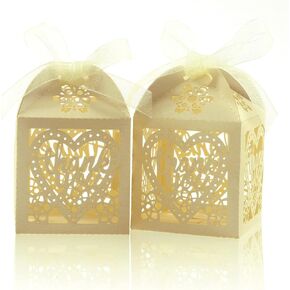 COTOPHER Laser Cut Boxes 60pcs Thank You Gift Boxes Wedding Party Favor Boxes Lace Candy Boxes for Wedding Bridal Shower Baby Shower Birthday Party Decorations with Ribbons (2x2x3inch, Beige, 60)