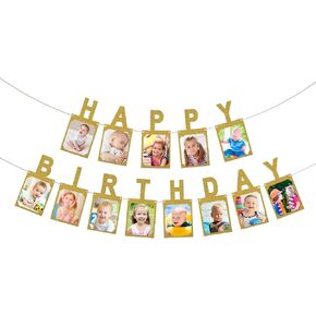 Gold Birthday Photo Banner - Happy Birthday Monogram Banner - Personalized Happy Birthday Sign with Illustration for Kids and Adults Birthday Parties, Commemorating Annual Milestone Wreath in Kuwait