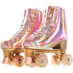 JajaHoho Roller Skates for Women, Holographic High Top PU Leather Rollerskates, Shiny Double-Row Four Wheels Quad Skates for Girls and Age 8-50 Indoor (Pink Rose Gold) in Kuwait