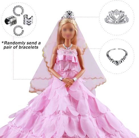ملابس الدمية Keysse فساتين زفاف كبيرة مع 5 إكسسوارات، تاج + حجاب + مشابك شعر على شكل فيونكة + قلادة وسوار، ملابس حفلات الأميرة المسائية لدمية مقاس 11.5 سم in Kuwait