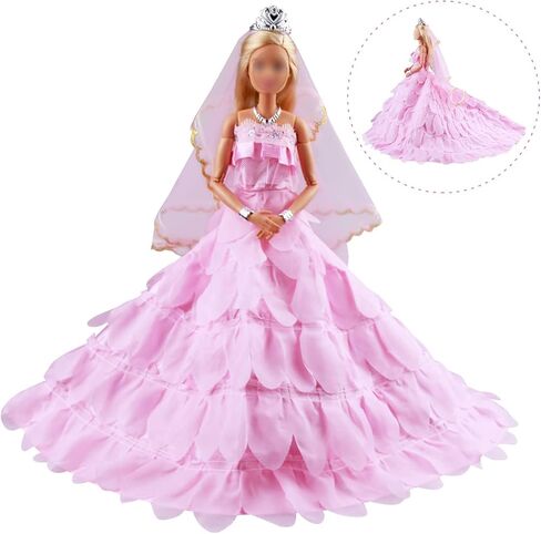 ملابس الدمية Keysse فساتين زفاف كبيرة مع 5 إكسسوارات، تاج + حجاب + مشابك شعر على شكل فيونكة + قلادة وسوار، ملابس حفلات الأميرة المسائية لدمية مقاس 11.5 سم in Kuwait