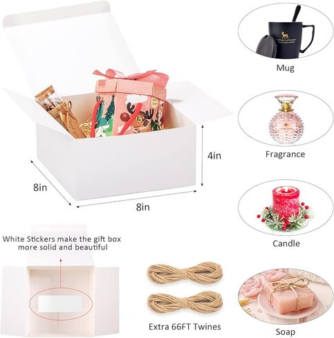 علب هدايا بيضاء HLWDFLZ مكونة من 12 علبة ورق مقاس 8 × 8 × 4 بوصة، وصناديق هدايا مع أغطية، وصندوق هدايا الزفاف، وصندوق اقتراح وصيفة العروس، وصندوق هدايا لحفلات أعياد الميلاد، وصندوق عيد الميلاد مع خيوط بطول 66 قدمًا و12 ملصقًا شفافًا in Kuwait