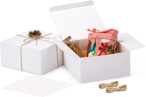 علب هدايا بيضاء HLWDFLZ مكونة من 12 علبة ورق مقاس 8 × 8 × 4 بوصة، وصناديق هدايا مع أغطية، وصندوق هدايا الزفاف، وصندوق اقتراح وصيفة العروس، وصندوق هدايا لحفلات أعياد الميلاد، وصندوق عيد الميلاد مع خيوط بطول 66 قدمًا و12 ملصقًا شفافًا in Kuwait