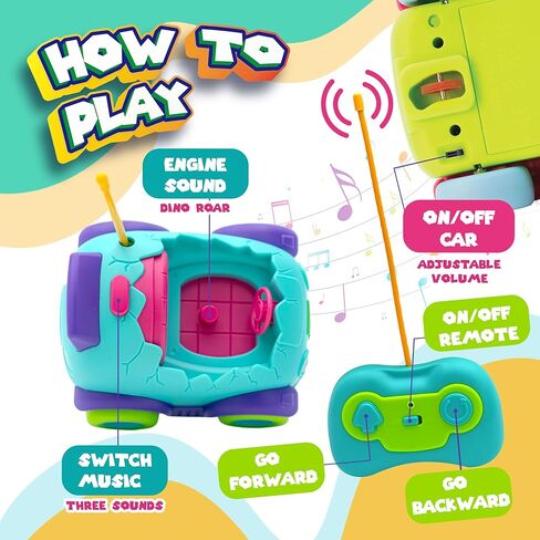 سيارة بامبو ديناصور بجهاز تحكم عن بعد للأطفال الصغار - عبوة من قطعتين | موسيقى قابلة للتعديل وأضواء LED | سيارات ديناصور RC مع جهاز التحكم عن بعد | سيارة أطفال صغيرة تعمل بالتحكم عن بعد | ألعاب للأولاد بعمر 3 سنوات in Kuwait