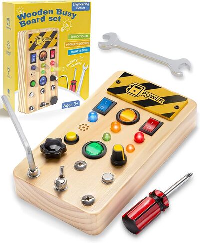 Pussan Busy Board, Wooden Montessori Toys for 3 Year Old Boy Birthday Gifts, Sensory Fidget Toy with Lights and Tools, Toddlers Toys for 3+ Year Old Boys Girls in Kuwait