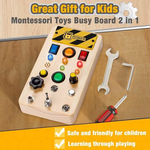 Pussan Busy Board, Wooden Montessori Toys for 3 Year Old Boy Birthday Gifts, Sensory Fidget Toy with Lights and Tools, Toddlers Toys for 3+ Year Old Boys Girls in Kuwait