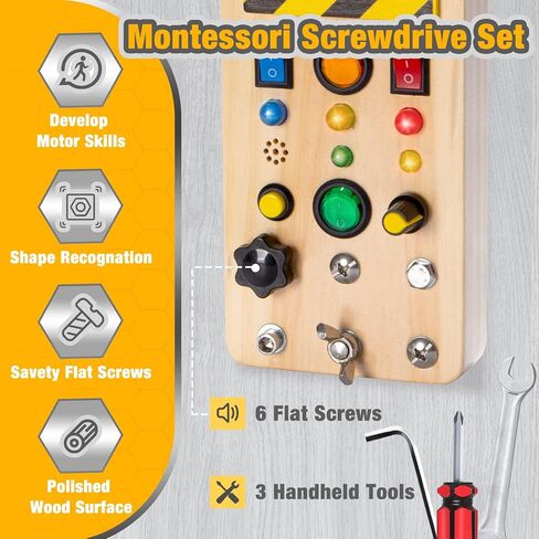 Pussan Busy Board, Wooden Montessori Toys for 3 Year Old Boy Birthday Gifts, Sensory Fidget Toy with Lights and Tools, Toddlers Toys for 3+ Year Old Boys Girls in Kuwait