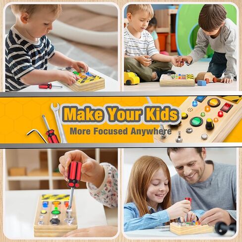 Pussan Busy Board, Wooden Montessori Toys for 3 Year Old Boy Birthday Gifts, Sensory Fidget Toy with Lights and Tools, Toddlers Toys for 3+ Year Old Boys Girls in Kuwait