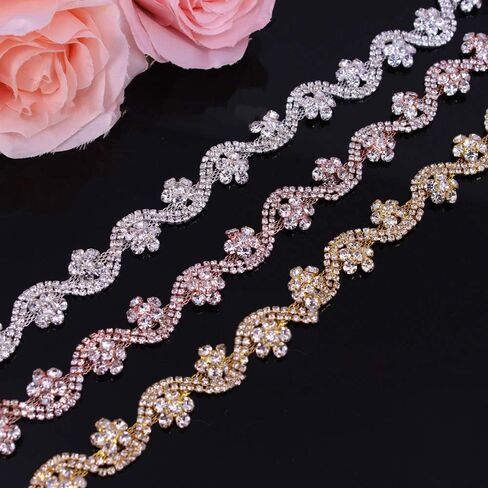1Yard Beaded 3 Colors Rhinestone Trim Flower Crystal Cup Chain Trim Belt for Dress Wedding Belts DIY Clothes Decor Jewelry Making Clothes Accessory (Rose Gold) in Saudi Arabia