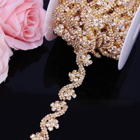 1Yard Beaded 3 Colors Rhinestone Trim Flower Crystal Cup Chain Trim Belt for Dress Wedding Belts DIY Clothes Decor Jewelry Making Clothes Accessory (Rose Gold) in Saudi Arabia