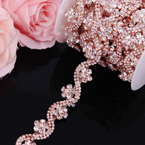 1Yard Beaded 3 Colors Rhinestone Trim Flower Crystal Cup Chain Trim Belt for Dress Wedding Belts DIY Clothes Decor Jewelry Making Clothes Accessory (Rose Gold) in Saudi Arabia