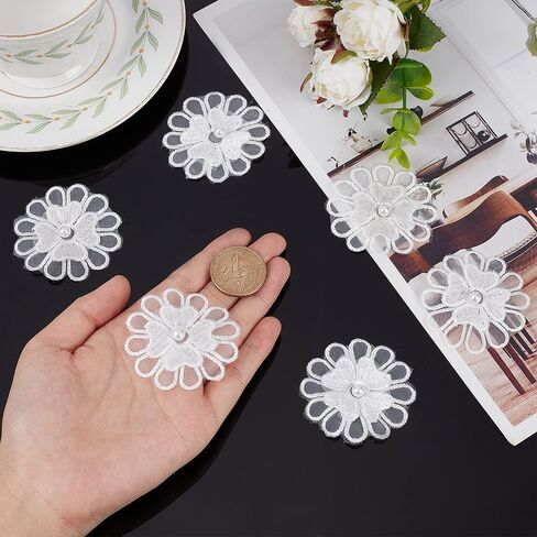 GORGECRAFT 20Pcs Hot Pink Embroidery Flowers Sew On Patches 3D 2 Layers 5-Petal Lace Flower with Imitation Pearl Lace Embroidered Appliques for Wedding Bridal Dress Embellishment DIY Sewing Crafts in Saudi Arabia