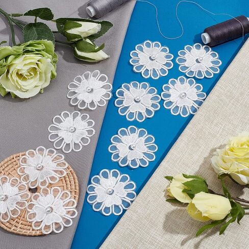 GORGECRAFT 20Pcs Hot Pink Embroidery Flowers Sew On Patches 3D 2 Layers 5-Petal Lace Flower with Imitation Pearl Lace Embroidered Appliques for Wedding Bridal Dress Embellishment DIY Sewing Crafts in Saudi Arabia