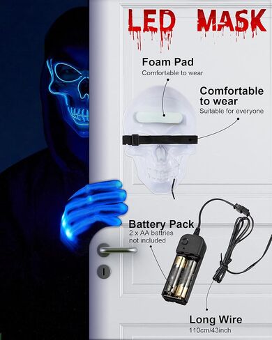 قناع Sumind للهالوين، قناع هيكل عظمي LED، قناع تطهير القراصنة، قناع مخيف يتوهج في الظلام لحفلات الهالوين التنكرية (أزرق جليدي) in Saudi Arabia