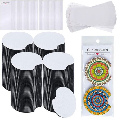 مجموعة 400 قطعة من قواعد الأكواب الفارغة للسيارات، 200 قطعة من قواعد الأكواب الفارغة مقاس 2.75 بوصة، 100 كيس ذاتي اللصق، 100 بطاقة عرض قواعد أكواب السيارة للتسامي الحراري للحرف اليدوية اليدوية in Kuwait