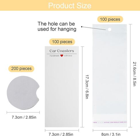 مجموعة 400 قطعة من قواعد الأكواب الفارغة للسيارات، 200 قطعة من قواعد الأكواب الفارغة مقاس 2.75 بوصة، 100 كيس ذاتي اللصق، 100 بطاقة عرض قواعد أكواب السيارة للتسامي الحراري للحرف اليدوية اليدوية in Kuwait