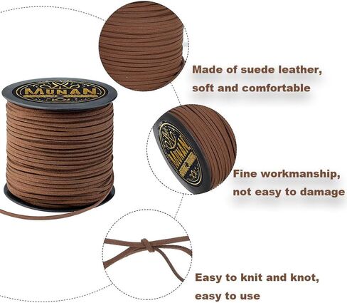 سلك MUNAN من الجلد السويدي، 100 ياردة × 3 مم (2.6 مم)، دانتيل من الجلد الصناعي مع بكرة للحرف اليدوية وصناعة المجوهرات والأساور والقلائد والخرز، لون بني القهوة in Kuwait