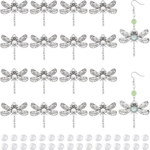 PH PandaHall 125pcs Dragonfly Pendant Trays, 60pcs Animal Cabochon Bezels Tibetan Alloy Blank Bezel Base with 65pcs 8mm Round Glass Cabochon Dome for Bouquet Graduation Photo Charm Jewelry Making in Saudi Arabia