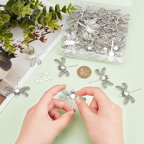 PH PandaHall 125pcs Dragonfly Pendant Trays, 60pcs Animal Cabochon Bezels Tibetan Alloy Blank Bezel Base with 65pcs 8mm Round Glass Cabochon Dome for Bouquet Graduation Photo Charm Jewelry Making in Saudi Arabia