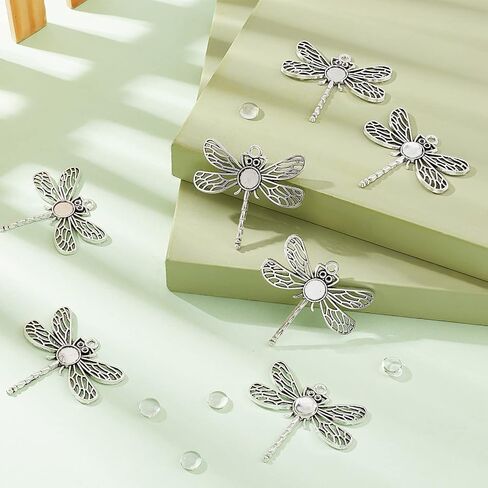 PH PandaHall 125pcs Dragonfly Pendant Trays, 60pcs Animal Cabochon Bezels Tibetan Alloy Blank Bezel Base with 65pcs 8mm Round Glass Cabochon Dome for Bouquet Graduation Photo Charm Jewelry Making in Saudi Arabia